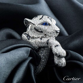 Cartier Platinum Diamond, Sapphire and Onyx Panthere Ring